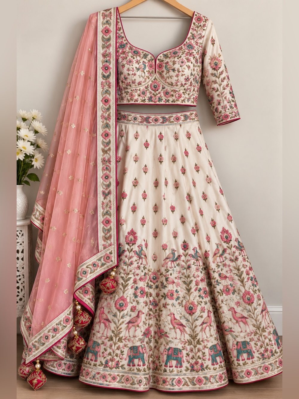 Asopalav Ivory Pink Embroidered Bridal Lehenga 3 Piece Set